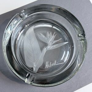 Vintage Clear Glass Etched Bird of Paradise Ashtray Heberl Artist Signed